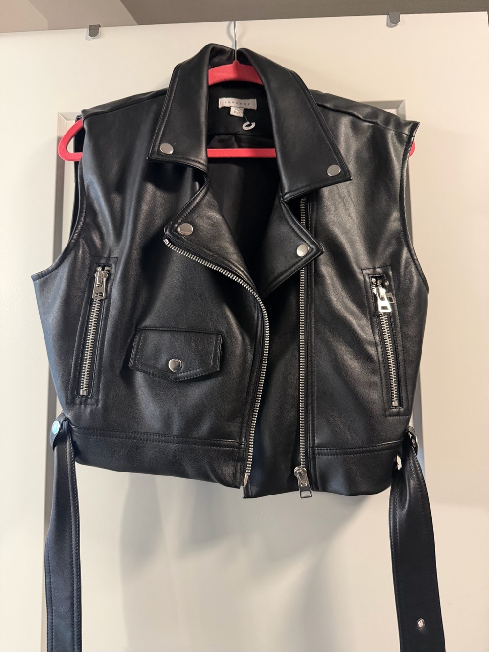 Topshop Black Leather Moto Vest with Zip Details